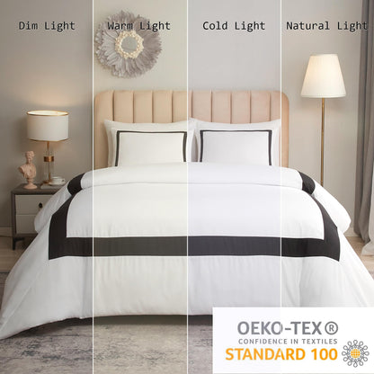 OSVINO Hotel Duvet Cover Set 3Pcs Microfiber Simple Line Style Bedding Set Ultra Soft Quilt Cover Set with Pillowcases, Black, Double