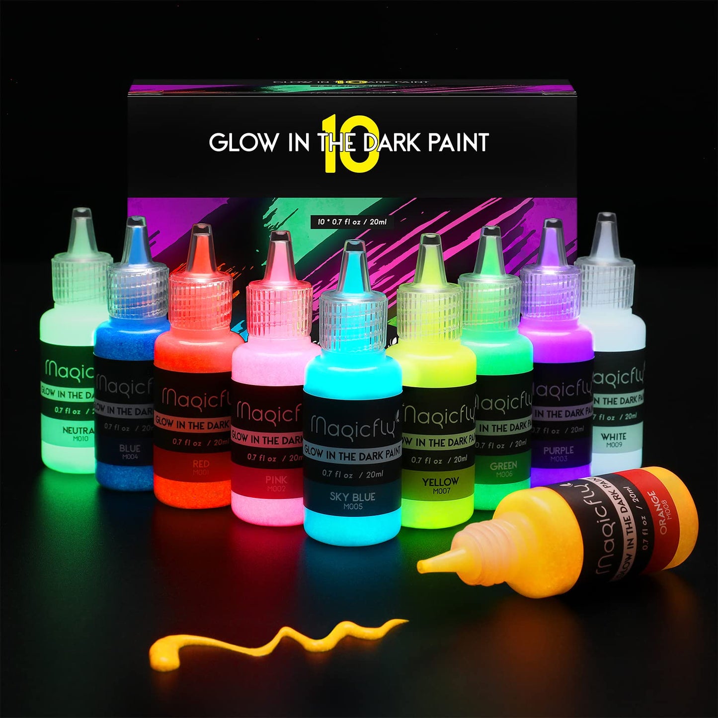 Magicfly Acrylic Glow in The Dark Paint, 10 Bright Colours Liquid Luminous Paint, Neon Paints Glow in Dark for Painting, Halloween Decoration, DIY