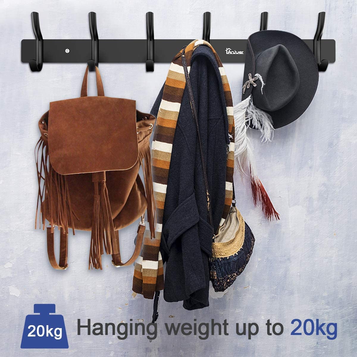 Anjuer Coat Rack with 6 Hooks Aluminum Alloy Black 20kg Load Capacity for Clothes Hat