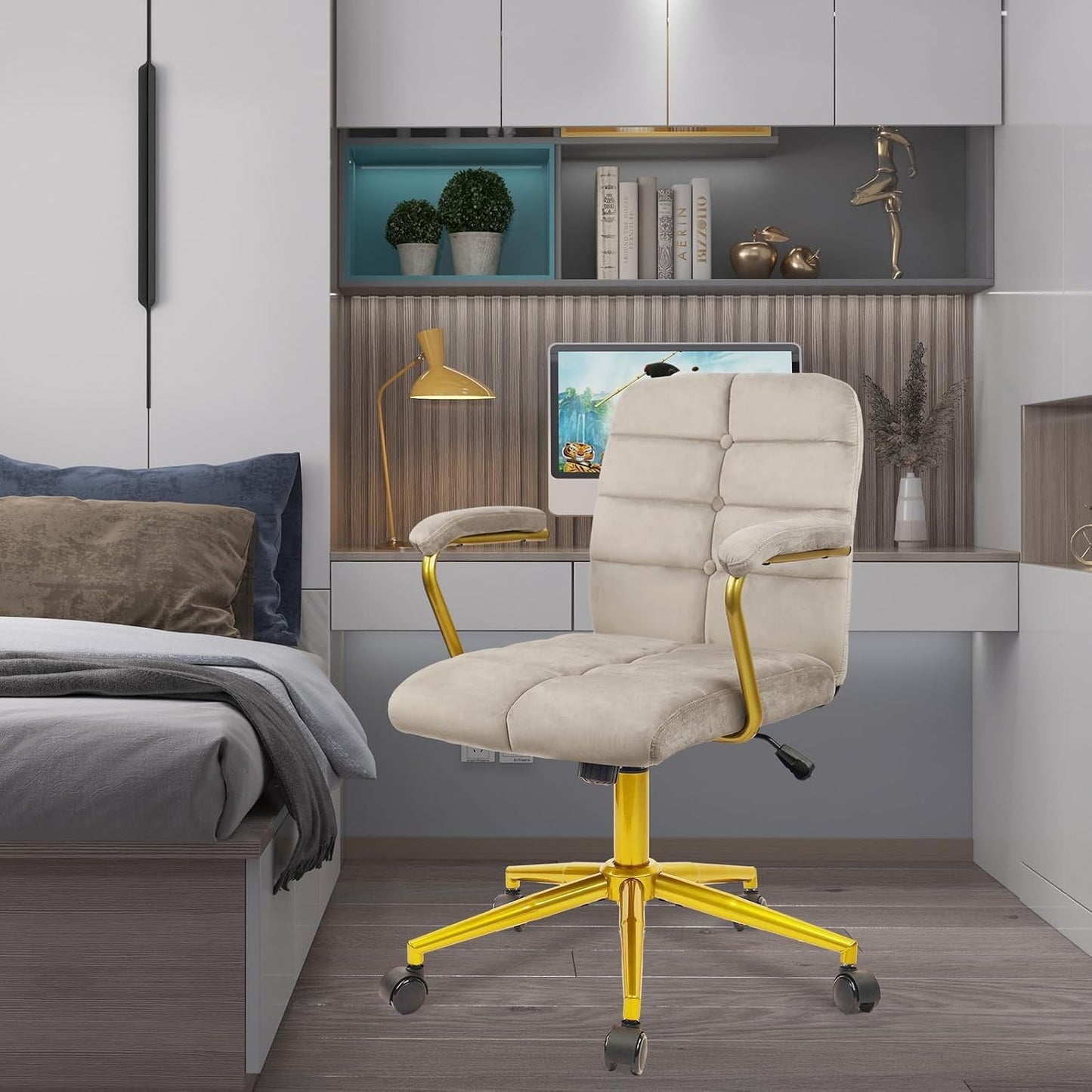 CLATINA Velvet Home Office Desk Chair, Fabric Upholstered Vanity Chairs with Golden Base and Arms