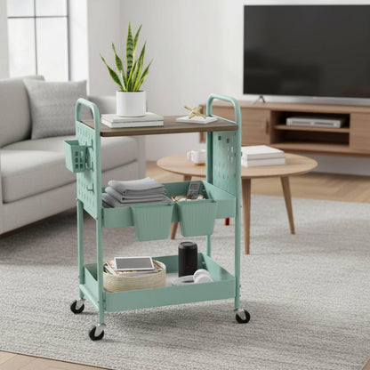 danpinera 3 Tier Rolling Cart, Metal Utility Cart with Wooden Table Top & DIY Pegboard, Rolling Carts