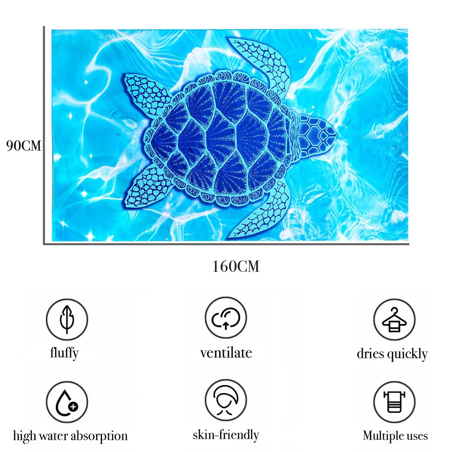 yayafunfun Large Quick Dry Microfibre Beach Towels for Adults, 160X90cm Blue Turtle Bath Towel Travel Towels with Pocket