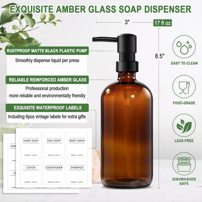 VIMERPA Hand Soap Dispenser,17 fl oz Brown Glass Soap Dispensers, Washing Up Liquid Dispenser, Amber Glass Soap Dispensers Bottle with Pump And Label