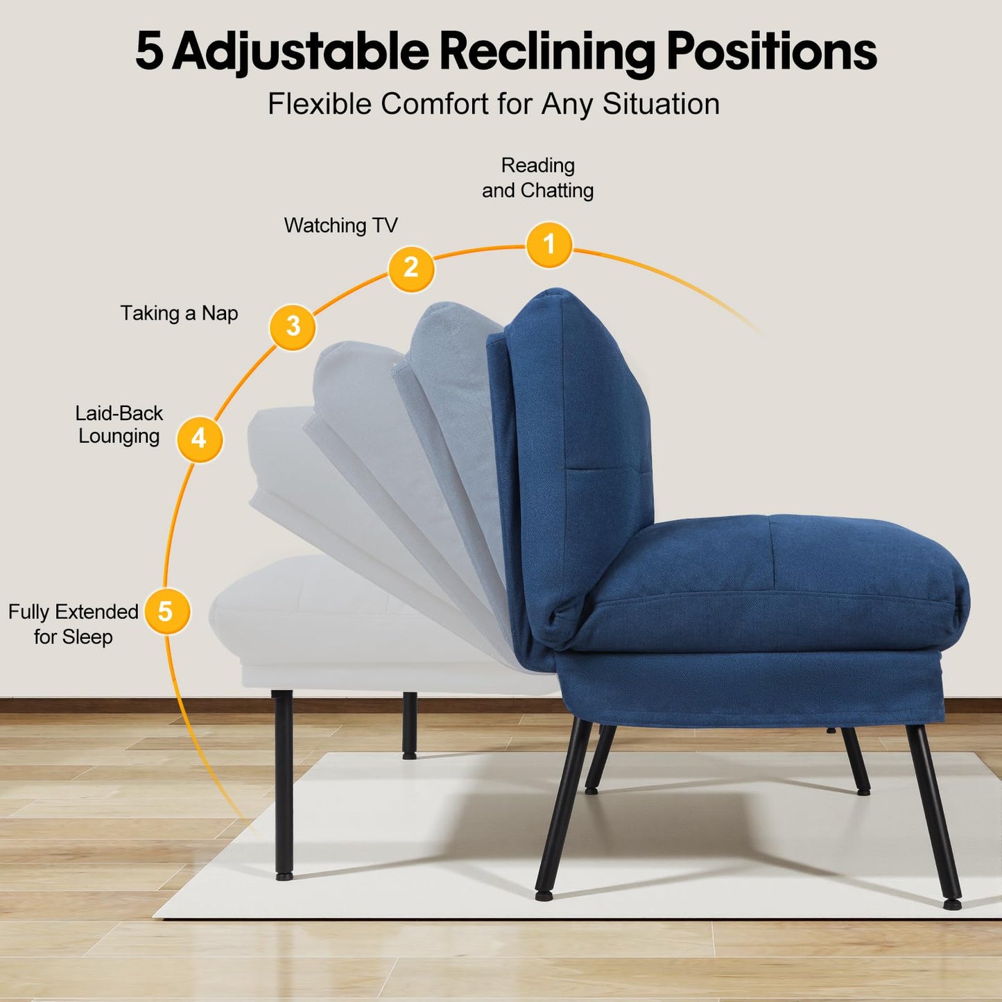 Panana Fabric 3 Seater Sofa Bed, 5-Gear Back Angle Adjustable Futon Sofa for Living Room/Guest Room (Blue)