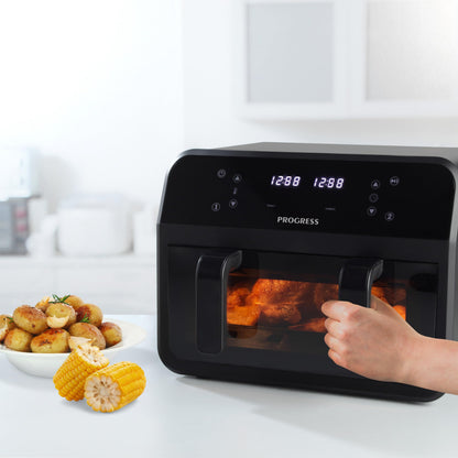 Progress Dual View Air Fryer ? 7 Litre, Non-Stick Cooking Basket, Removable Divider, Family Size Capacity, Viewing Window, Digital LED Touch Display,