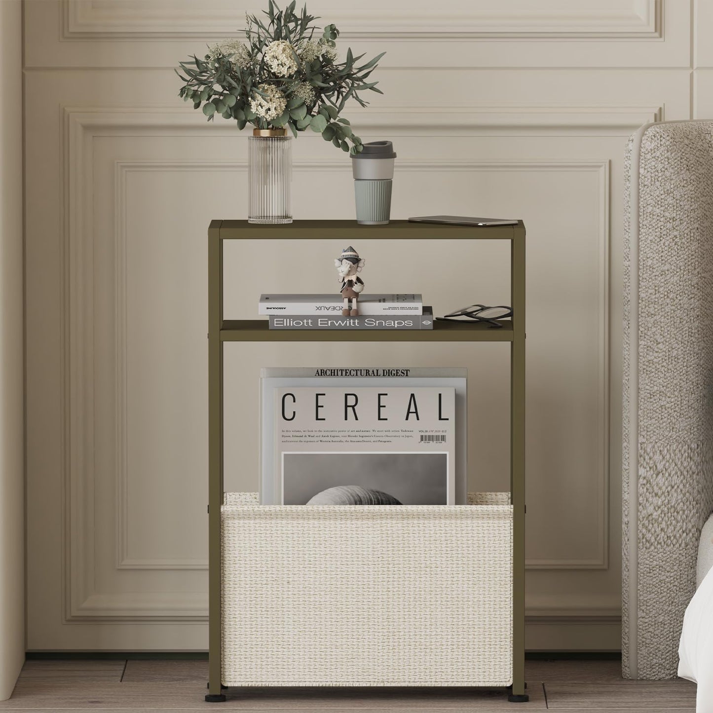 JERX Narrow Side Table with Fabric Basket, End Table for Small Spaces, Slim Side Table with Magazine Rack for Living Room Office Bedroom and Bathroom