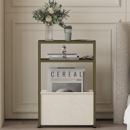 JERX Narrow Side Table with Fabric Basket, End Table for Small Spaces, Slim Side Table with Magazine Rack for Living Room Office Bedroom and Bathroom