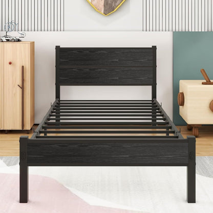 DUMEE Single Bed Frame with Wooden Headboard and Footboard, Metal 3ft Wooden Bed Frame Under Bed Storage, Enhanced Support Noise Free, Black