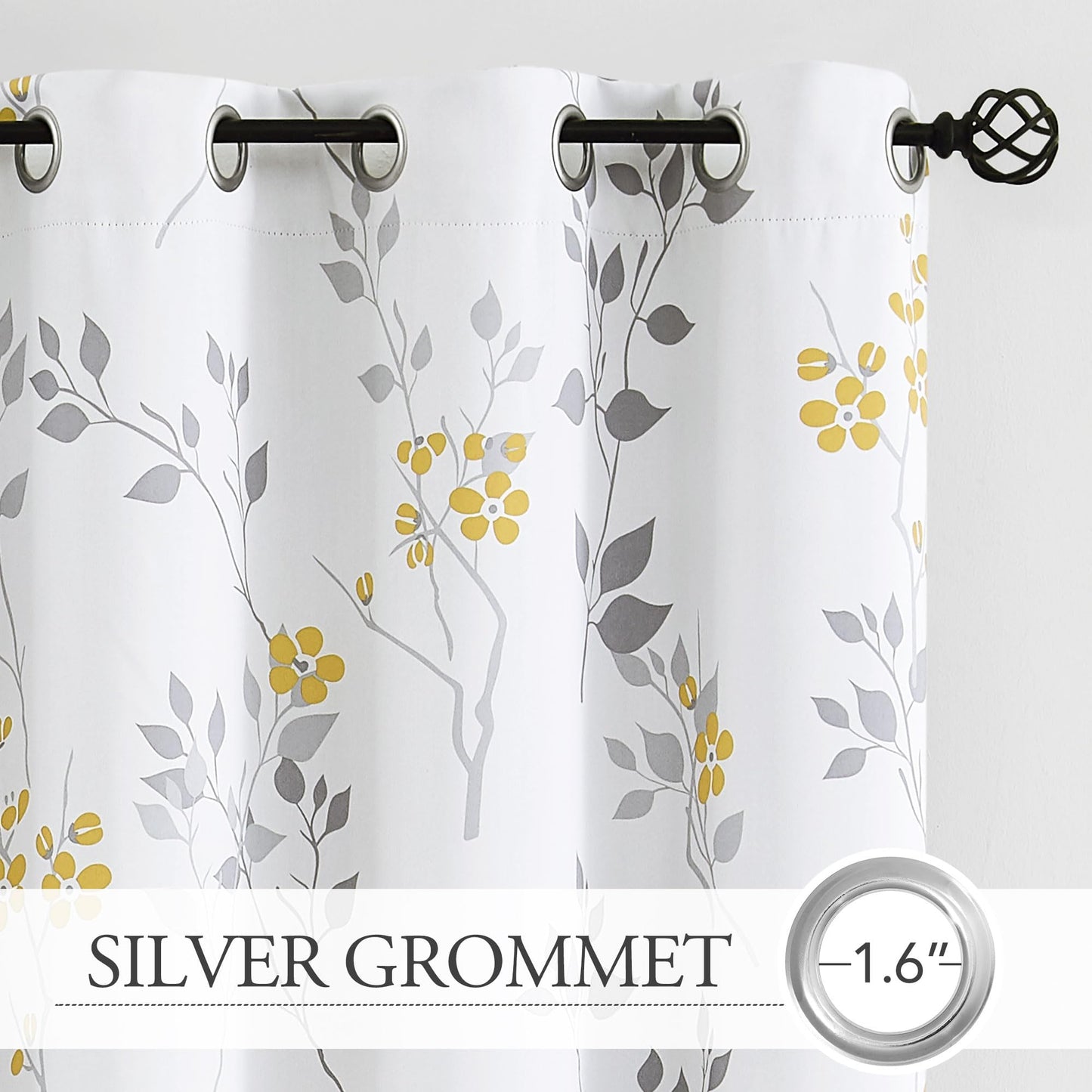 Beauoop Yellow Grey Floral Blackout Curtains for Bedroom Living Room 72 Inch Drop Leaf Print Eyelet Curtain Botanical Thermal Insulated Noise Reducing