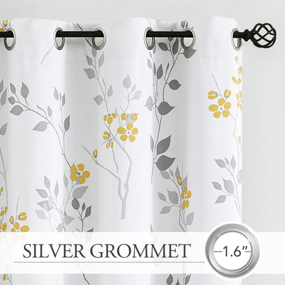 Beauoop Yellow Grey Floral Blackout Curtains for Bedroom Living Room 72 Inch Drop Leaf Print Eyelet Curtain Botanical Thermal Insulated Noise Reducing