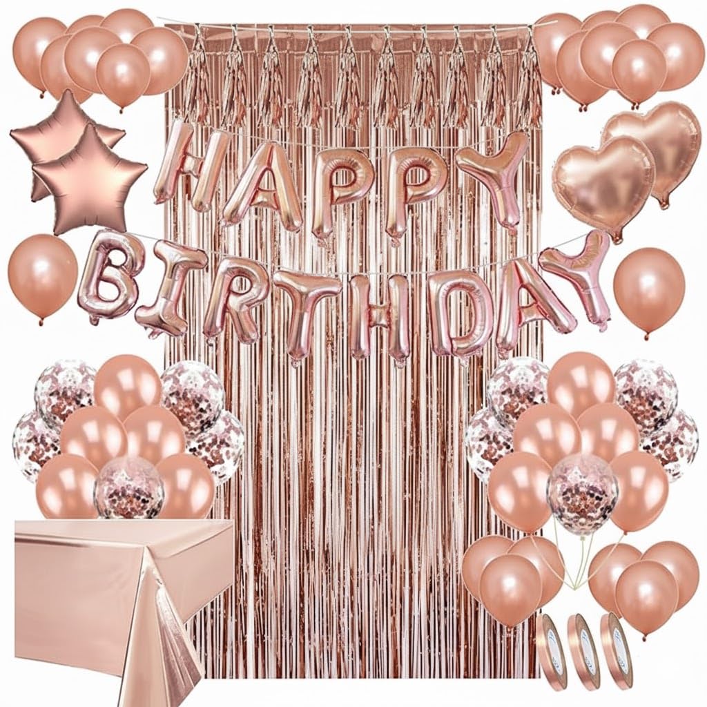 Areebz 82pc Rose Gold Birthday Party Decorations, Happy Birthday decoration banner Latex Confetti Star Heart foil Balloons tassel curtain tablecloth