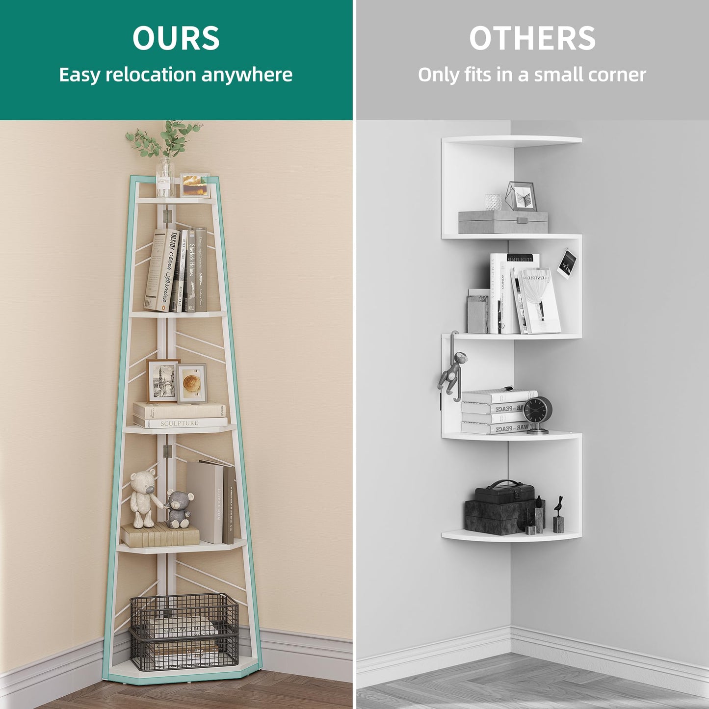 YITAHOME Corner Shelf 5 Tier, Industrial Corner Bookshelf Modern Floorstanding Corner Bookcase Ladder Shelf Wooden Open Shelving Unit for Living Room,