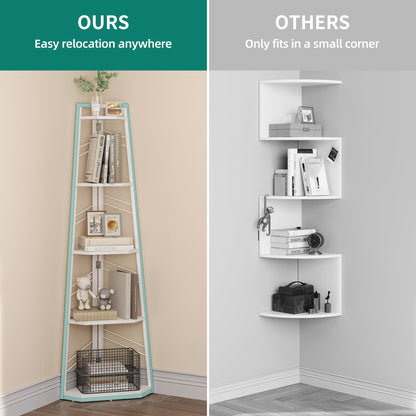 YITAHOME Corner Shelf 5 Tier, Industrial Corner Bookshelf Modern Floorstanding Corner Bookcase Ladder Shelf Wooden Open Shelving Unit for Living Room,