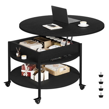 Mossora Round Lift Top Coffee Table with Wheels, Circle Center Table with Storage and Compartment, 68 cm Rolling Coffee Tables for Living Room