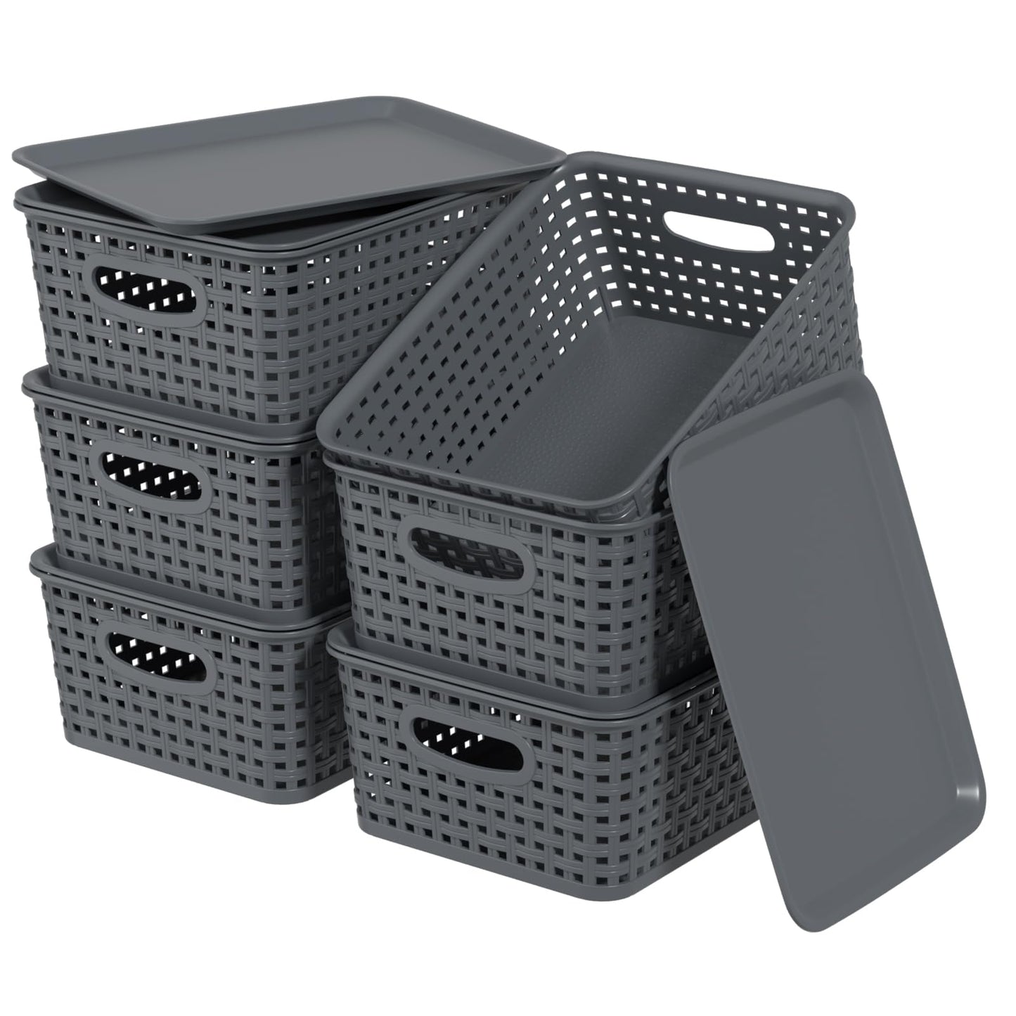 Lesbin 6-Pack Lidded Storage Baskets, ‌Weave Baskets with Lids, Gray