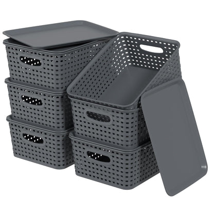 Lesbin 6-Pack Lidded Storage Baskets, ‌Weave Baskets with Lids, Gray