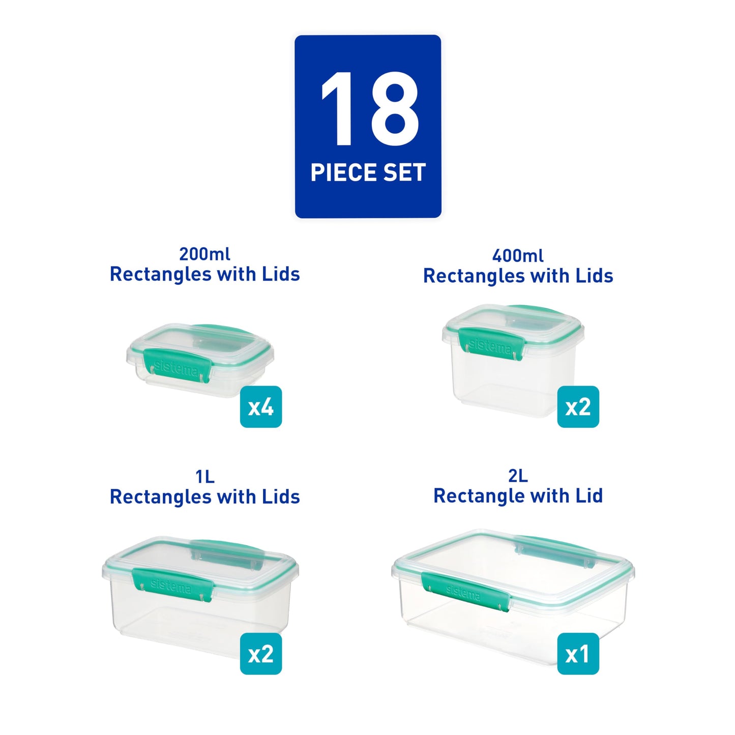 Sistema KLIP IT Food Storage Containers | Airtight & Stackable Meal Prep Containers with Lids | School Lunch Boxes & Snack Boxes | BPA-Free | 18 Count