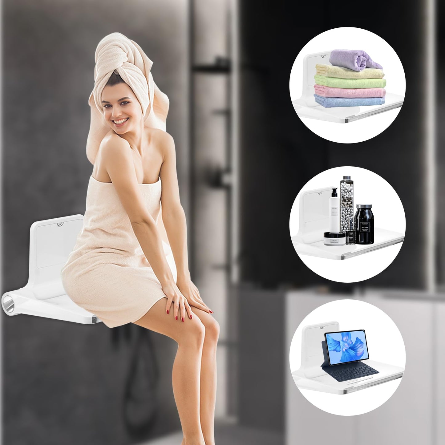 Heuffe Thickened Folding Shower Seat with Backrest Wall Mounted - 200kg Capacity Anti-Slip Shower Stool for Elderly & Disabled Adults, White