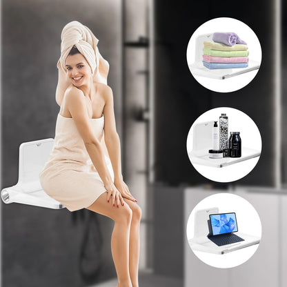 Heuffe Thickened Folding Shower Seat with Backrest Wall Mounted - 200kg Capacity Anti-Slip Shower Stool for Elderly & Disabled Adults, White