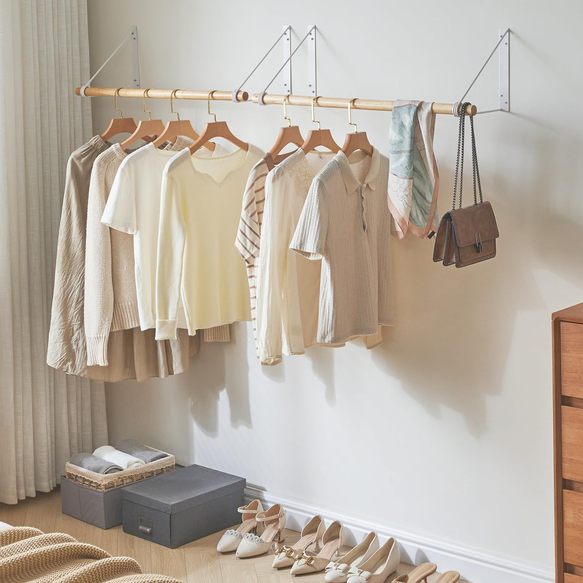 IBUYKE Wall Wardrobe Coat Rack,Wood Wall Mounted Clothes Rail,Hallway Furniture in Industrial Style, Modern Wardrobe Rail，Coat Rack for Entrance