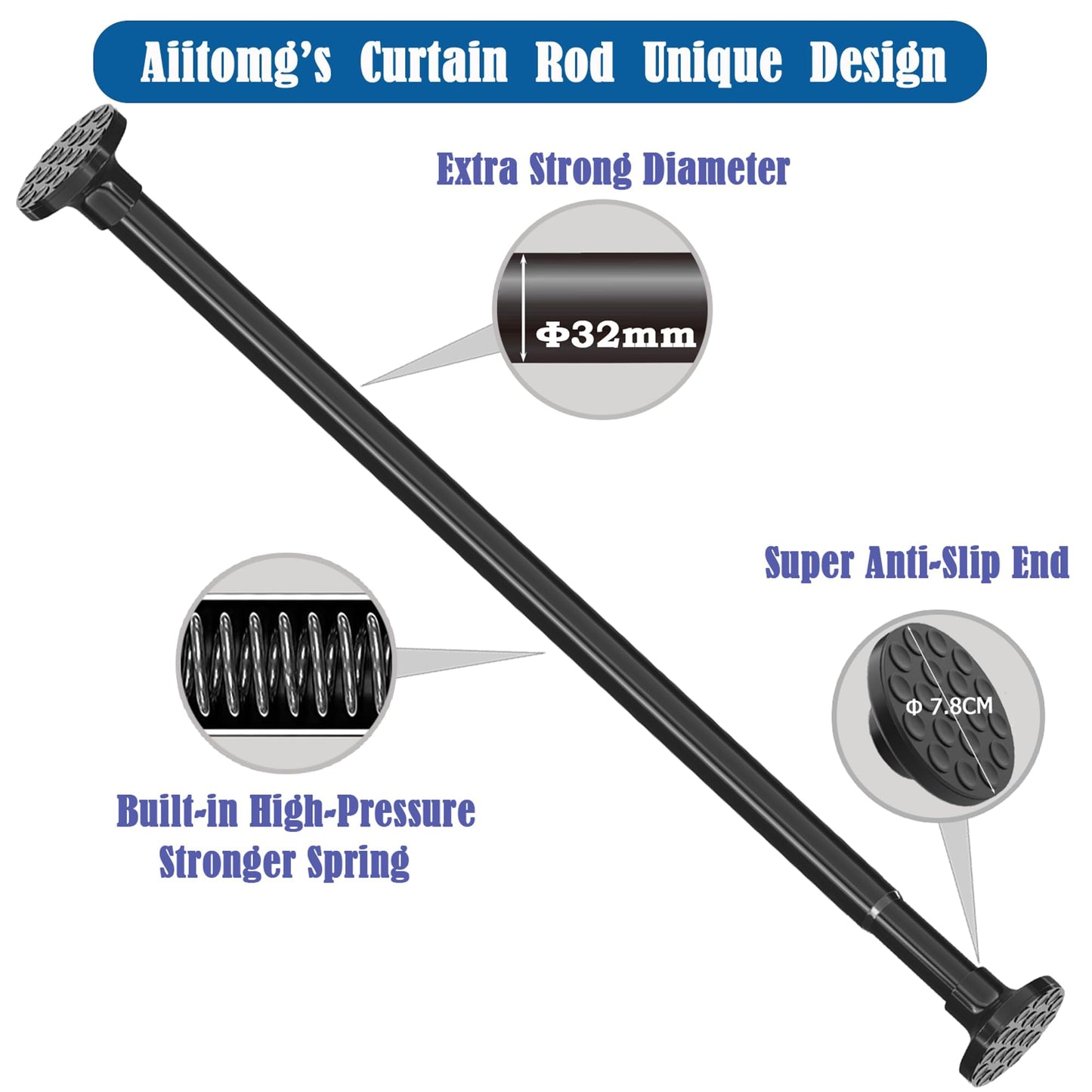 Shower Rail, No Drilling, Extendable Curtain Rod for Clamping, Telescopic Rod, Shower Curtain Rail for Bathroom, Bedroom, Black (85-220CM, Φ32 mm)