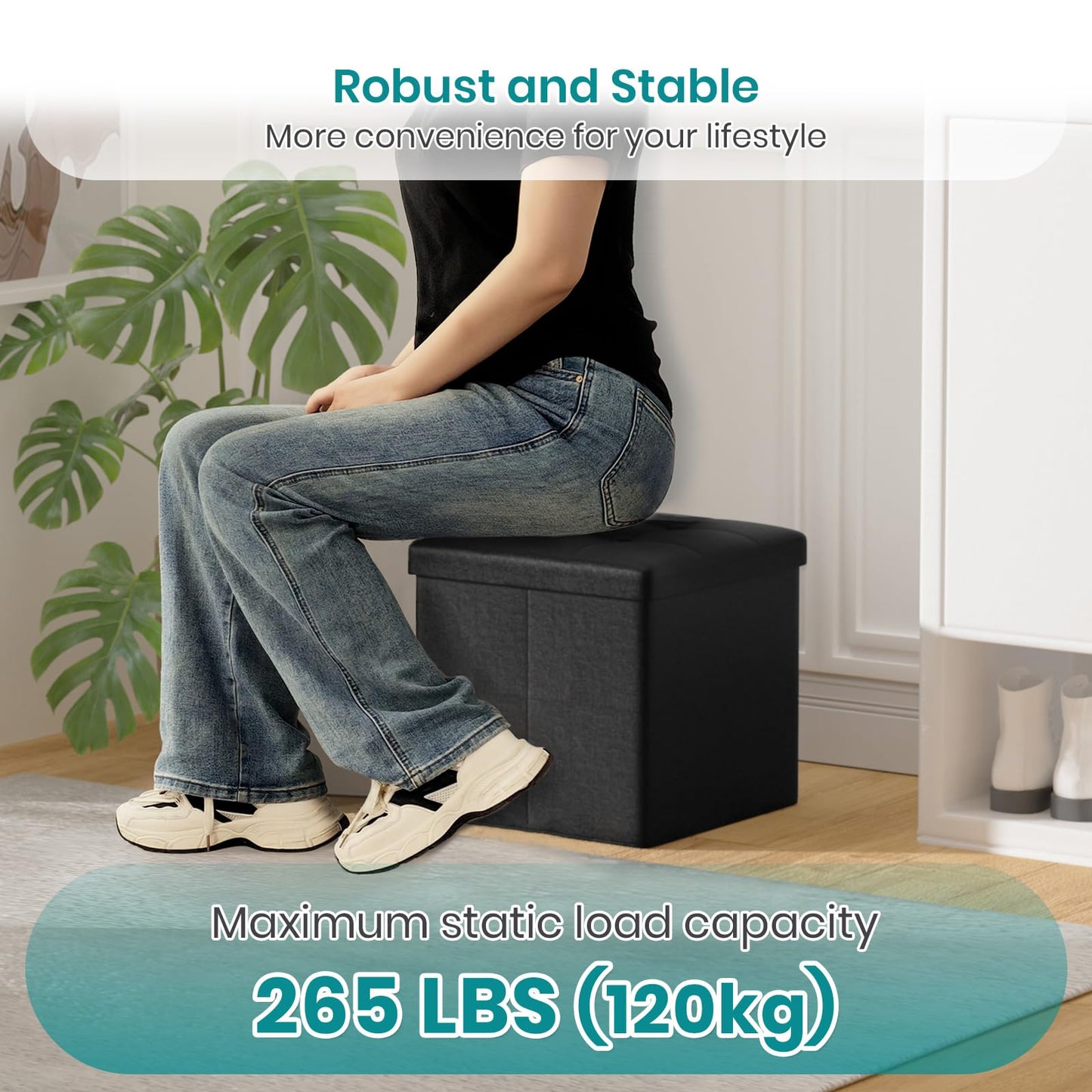 Oak & Tea Storage Ottoman, Foldable Storage Bench, Small Footrest, Cube Storage Unit, 3 Storage Boxes with Lid, Footstool