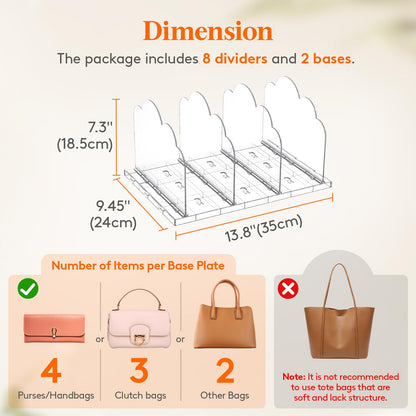 Lifewit Adjustable Handbag Organiser for Wardrobe, 18.5 cm Tall Clear Plastic Purse Organiser for Closet, 2 Pack Bag Shelf Divider in Bedroom/Closet
