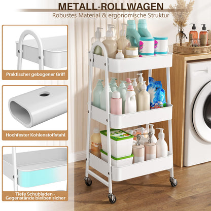StowBin 3 Tier Metal Rolling Cart Kitchen Storage Cart with Wheels Serving Cart for Living Room Bathroom Office Bedroom White