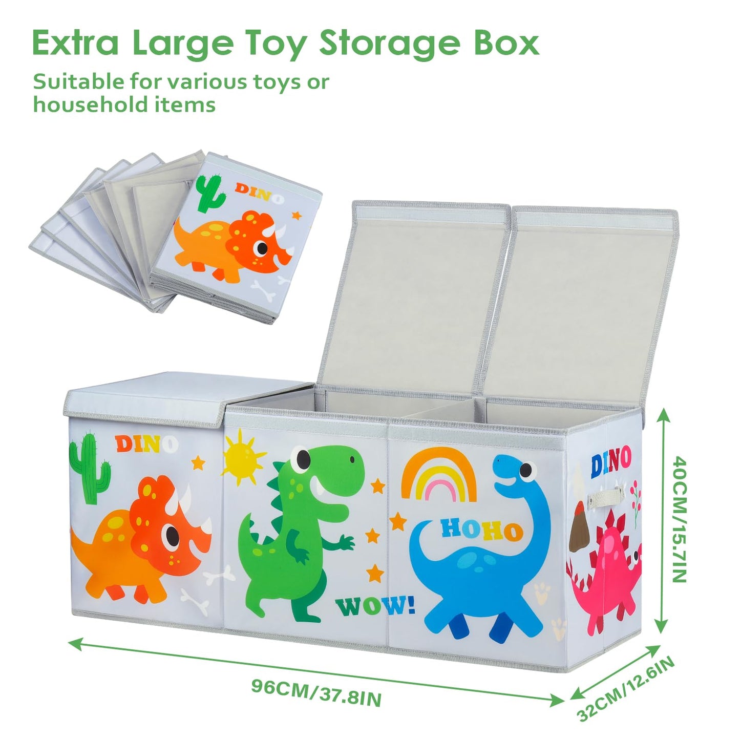 Decalsweet Cartoon Dinosaur Extra Large Kids Toy Storage Box with Lid,Foldable Oxford Toy Storage Organizer Box for Boys-96?32?40cm-Lightweight Toy