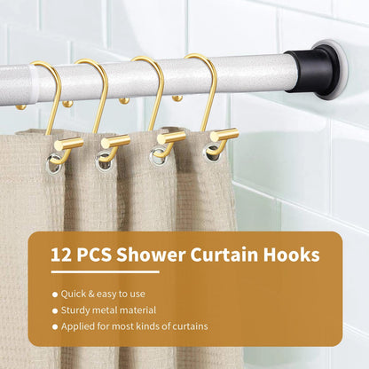 AURIVISTA 12 Pack Shower Curtain Hooks, Rust Proof T-Bar Rings, Gold