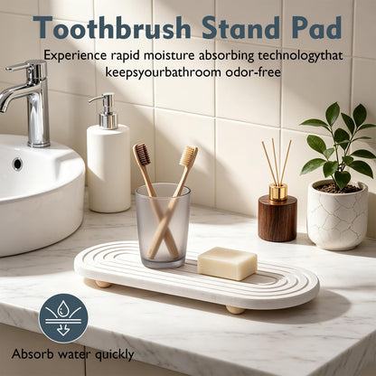 Quick Drying Stone Tray, Natural Diatomite Absorbent Mat with Wooden Feet, Fast Evaporation, Anti-Slip Grooves, Multifunctional for Bathroom Sink