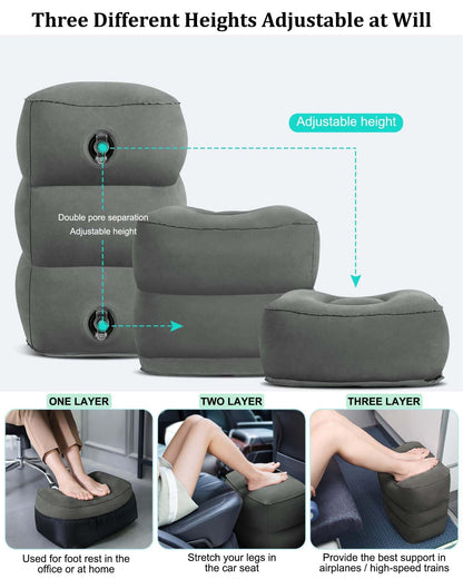 Inflatable Travel Foot Rest Pillow,Airplane Travel Pillow, Office Footrests, Adjustable 3 Layers Height Leg Rest Pillow