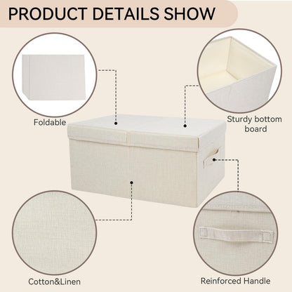 Pomodee Beige Foldable Storage Box with Lids,Set of 2 Large Wardrobe Long Storage Organiser,Collapsible Storage Baskets for