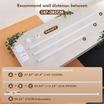 Shower Curtain Pole 147-285cm Stainless Steel Shower Curtain Rod Tension Rod for Curtains No Drill Extendable Curtain Poles Shower Curtain Rail for