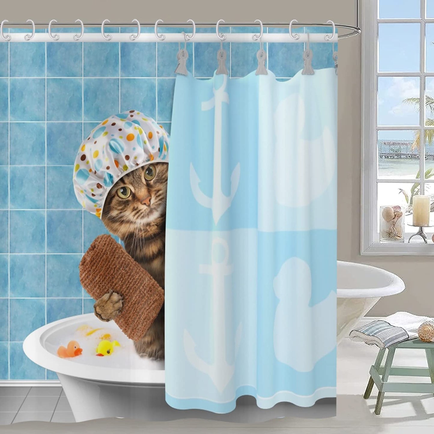 Hnmdmyi Funny Cat Shower Curtain 180x200, Bathing Animal Kitten Shower Curtains Cute Kids Children Blue Bathroom Curtains with Hooks Waterproof