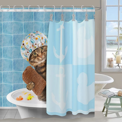 Hnmdmyi Funny Cat Shower Curtain 180x200, Bathing Animal Kitten Shower Curtains Cute Kids Children Blue Bathroom Curtains with Hooks Waterproof