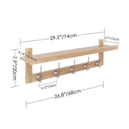 SMIBUY Coat Hooks with Shelf Wall-Mounted, 74 cm Entryway Coat Rack for Wall, Bamboo Hanging Shelf with 5 Double Metal Hooks for Bathroom, Bedroom