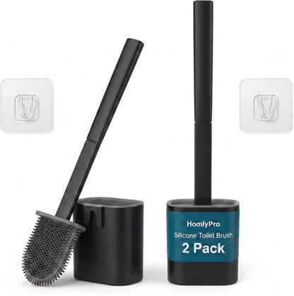 HomlyPro 2 Pack Silicone Toilet Brush and Holder Set, Deep Cleaning Flexible Bristles, Long Handle, Quick Drying Anti-Drip Base