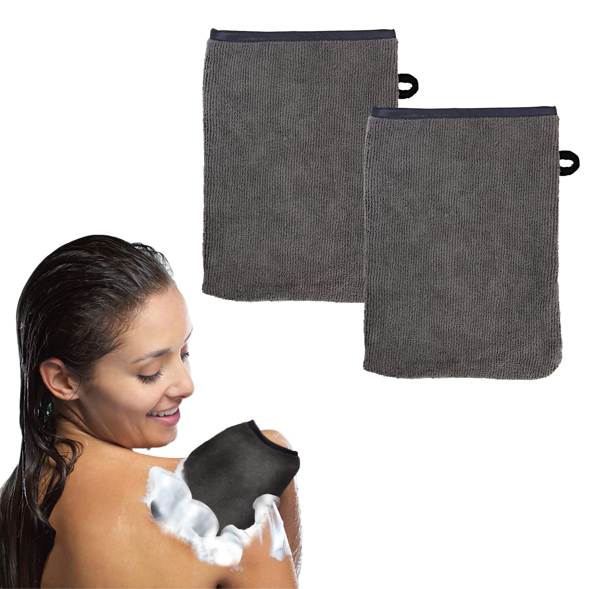DBOO 2 Pack Microfibre Body Wash Mitts, Soft Face Cleansing Mitts, Bath SPA Terry Cloth, Reusable Makeup Remover Mitt Gloves, 15x21 cm, Grey