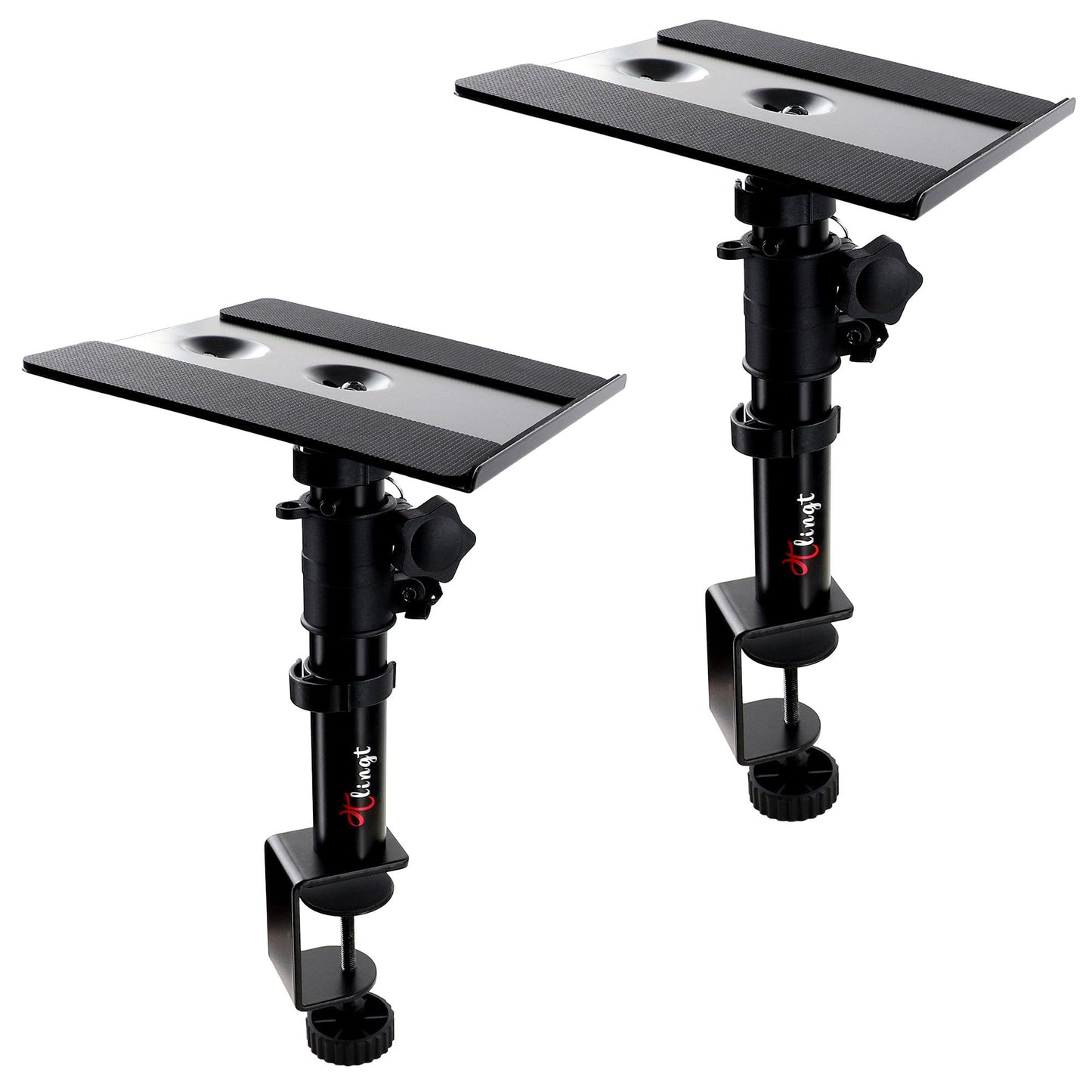Desktop Speaker Stands Pair, Clamp-on Monitor Speaker Stand Riser Set of 2, 17 x 20 cm Metal Tray, Adjustable -10? to +10? Tilt Angle, Ideal for 3 to