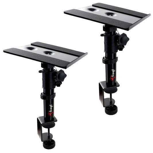 Desktop Speaker Stands Pair, Clamp-on Monitor Speaker Stand Riser Set of 2, 17 x 20 cm Metal Tray, Adjustable -10? to +10? Tilt Angle, Ideal for 3 to