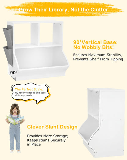 iSunirm Kids Bookshelf with Toy Storage, White Wooden Children's Bookcase and Toy Organiser for Kids Room, Nursery and Playroom