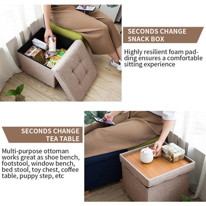 BRIAN & DANY Folding Ottoman Storage Box with Wood Legs, Linen Foot Stool, Footstool with Storage, Highly Elastic Sponge Filling, Beige, 38 x 38 x 38