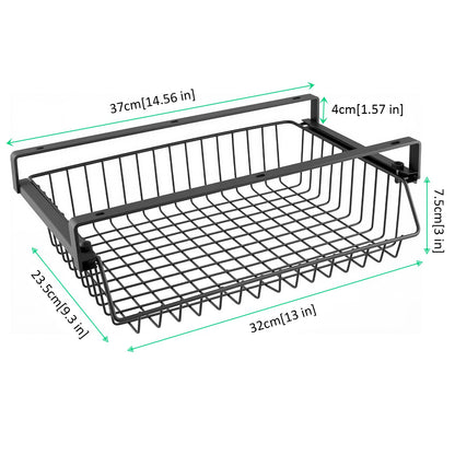 FUNSUEI No-Drill Under Desk Storage Basket, Black Slide-Out Self Adhesive Drawer, Metal Storage Basket for Office, Home, 37× 23.5 ×11 cm