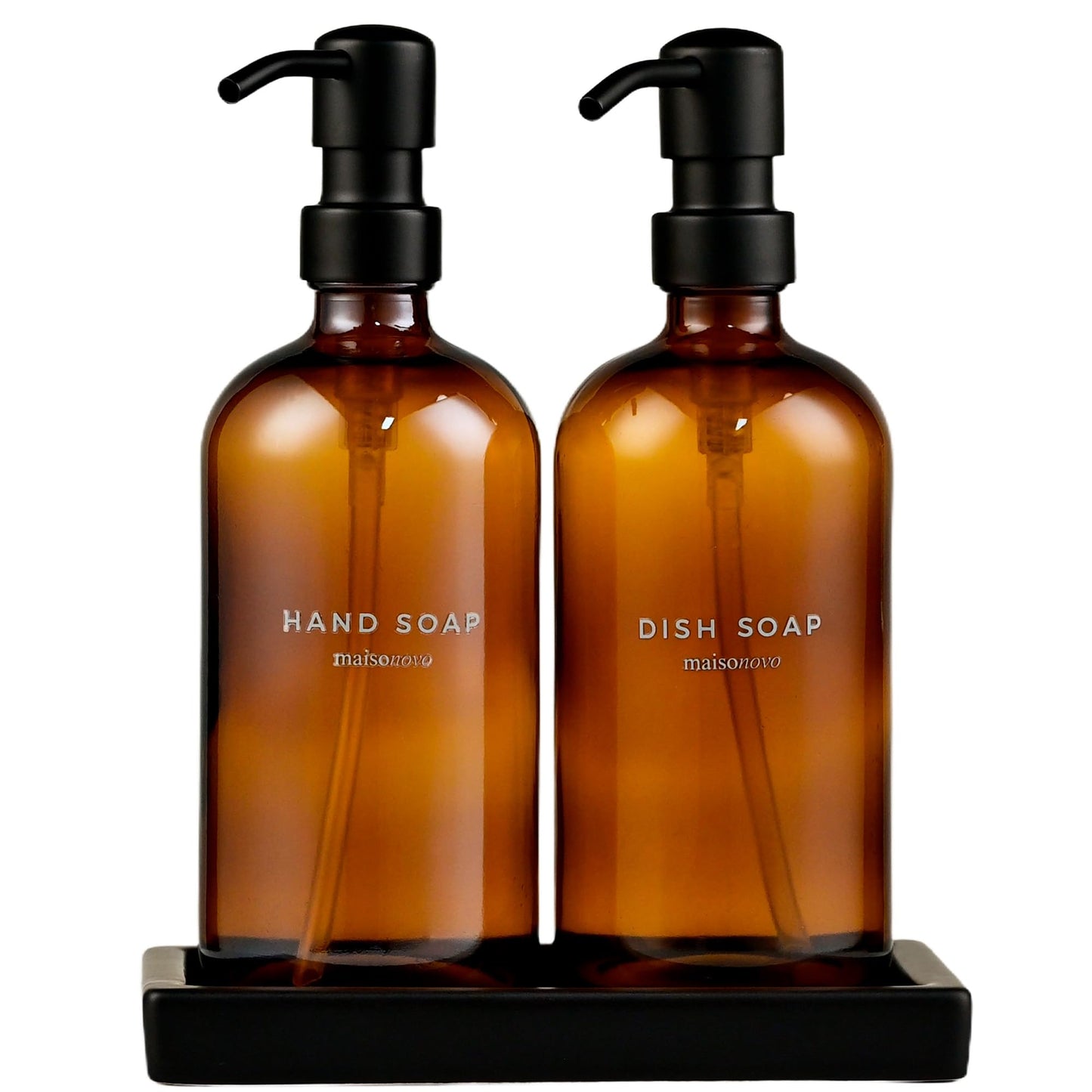 Maisonovo Kitchen Soap Dispenser Set | Hand and Dish Soap Dispenser Set with Handmade Ceramic Vanitry Tray and 16 Waterproof Labels | Amber Glass