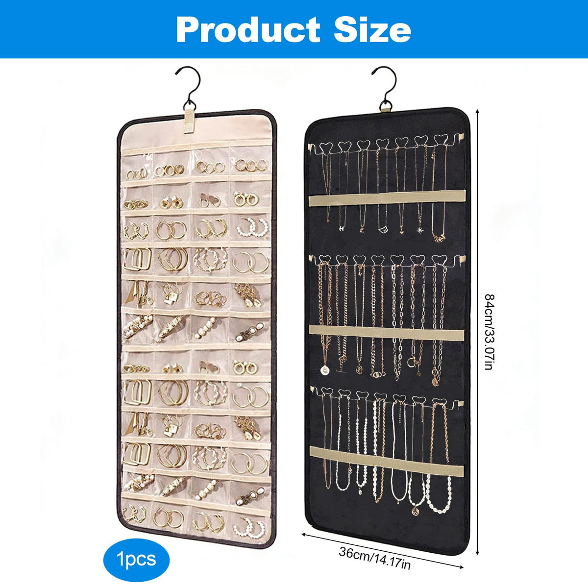 Rthynti Hanging Jewellery Organiser, Dual-Sided Jewellery Storage with Metal Hooks