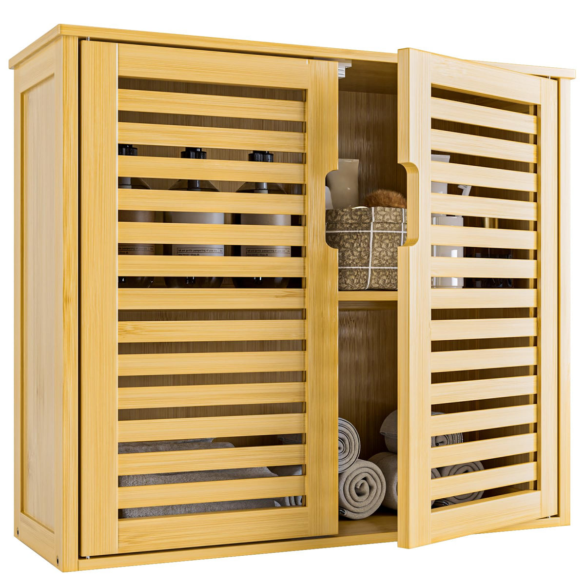 HITNET Bathroom Wall Cabinet, Medicine Cabinet Over the Toilet, Bamboo Hanging Storage Organizer with 2 Doors and Adjustable Shelf for Kitchen