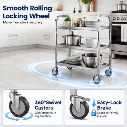 3 Tier Stainless Steel Cart, Rolling Catering Storage Cart (75×40×83cm)