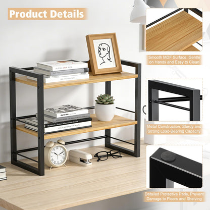 SunshineFace 2-Tier Desk Shelf Organizer, Small Bookcase for Desktop Storage, Wooden Bookshelf with Metal Frame for Office Supplies, Books