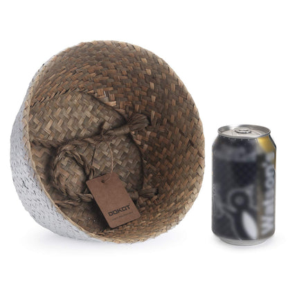Seagrass Belly Basket Natural Woven Plant Pot Foldable with Handles for Storage Laundry Blankets Toys (Natural + White)